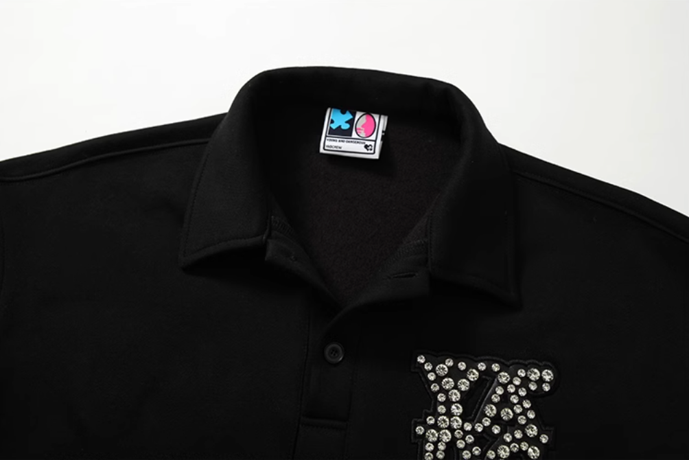 YADcrew Diamond-Studded Leather Logo Polo Sweatshirt | Face 3 Face