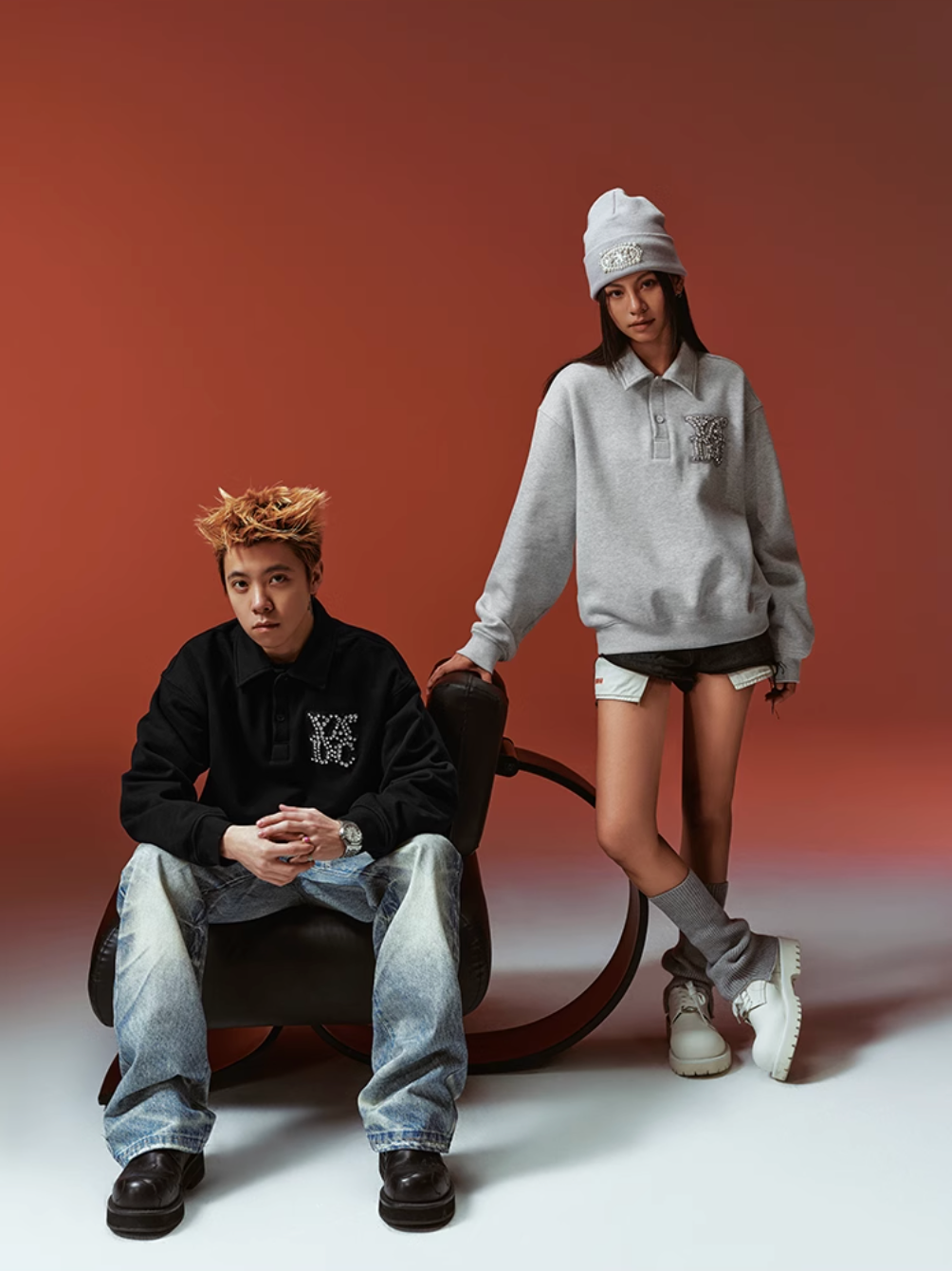 YADcrew Diamond-Studded Leather Logo Polo Sweatshirt | Face 3 Face