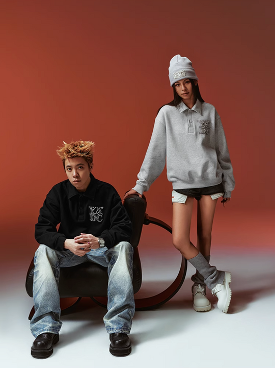 YADcrew Diamond-Studded Leather Logo Polo Sweatshirt | Face 3 Face