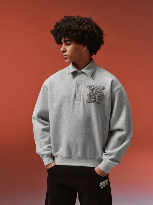 YADcrew Diamond-Studded Leather Logo Polo Sweatshirt | Face 3 Face