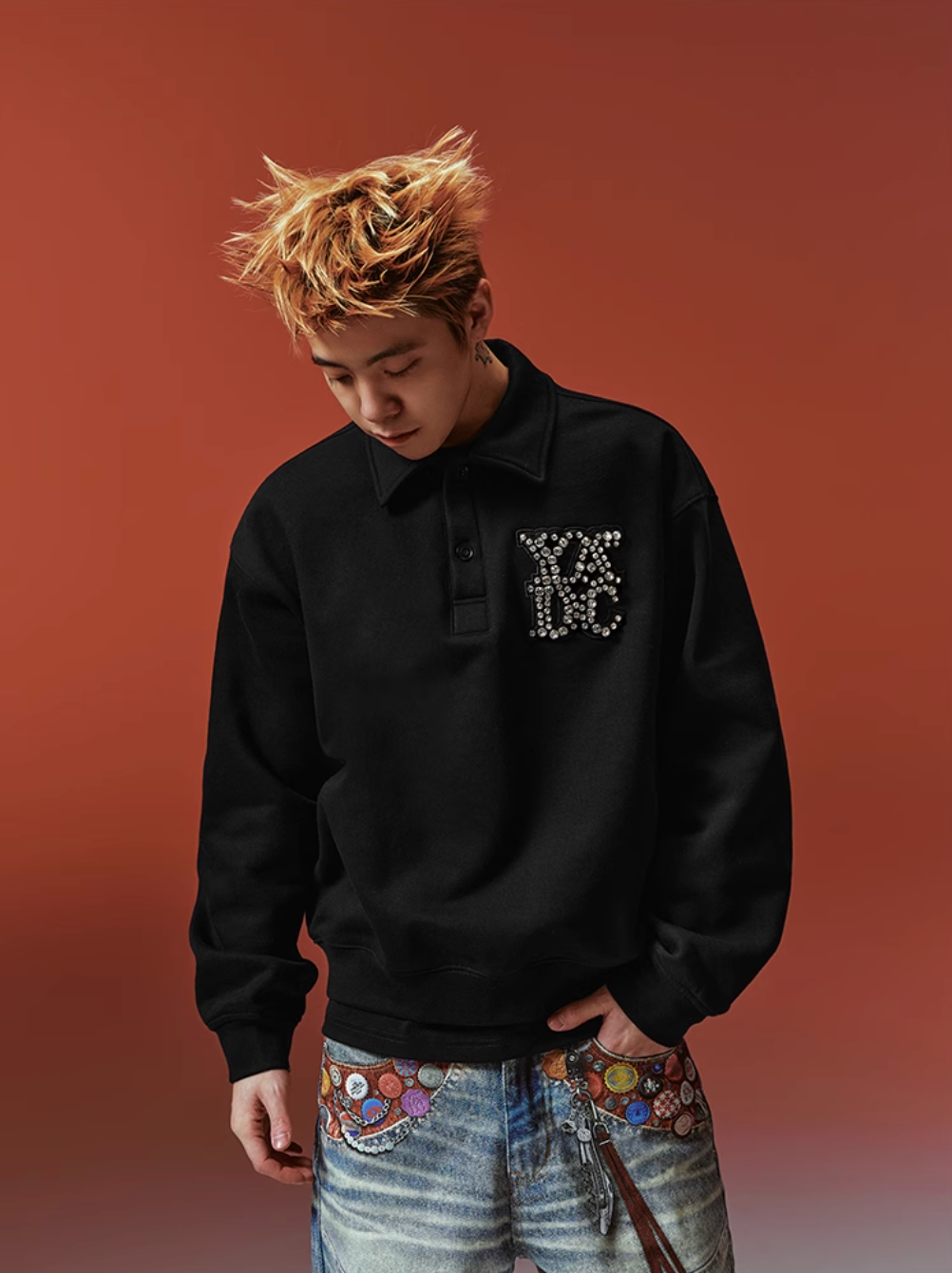 YADcrew Diamond-Studded Leather Logo Polo Sweatshirt | Face 3 Face