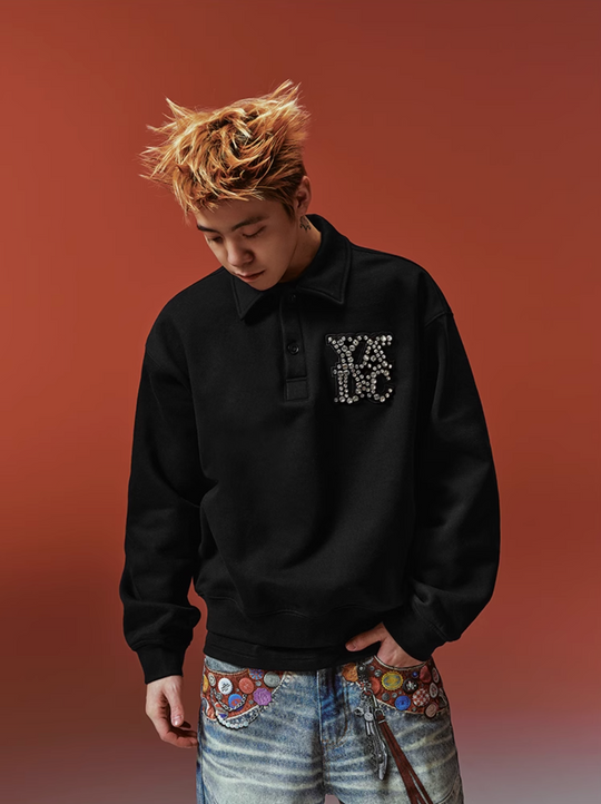 YADcrew Diamond-Studded Leather Logo Polo Sweatshirt | Face 3 Face