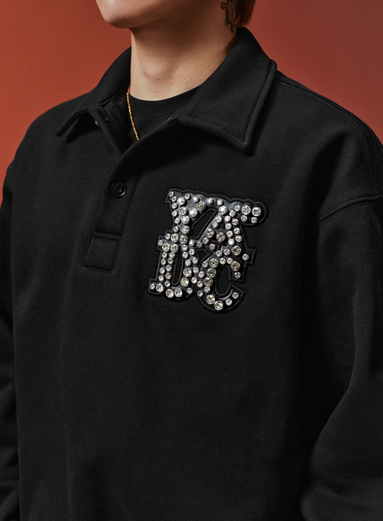 YADcrew Diamond-Studded Leather Logo Polo Sweatshirt | Face 3 Face