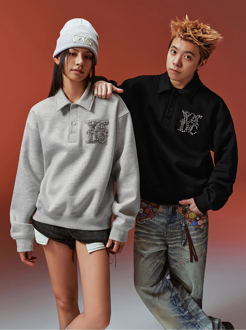 YADcrew Diamond-Studded Leather Logo Polo Sweatshirt | Face 3 Face