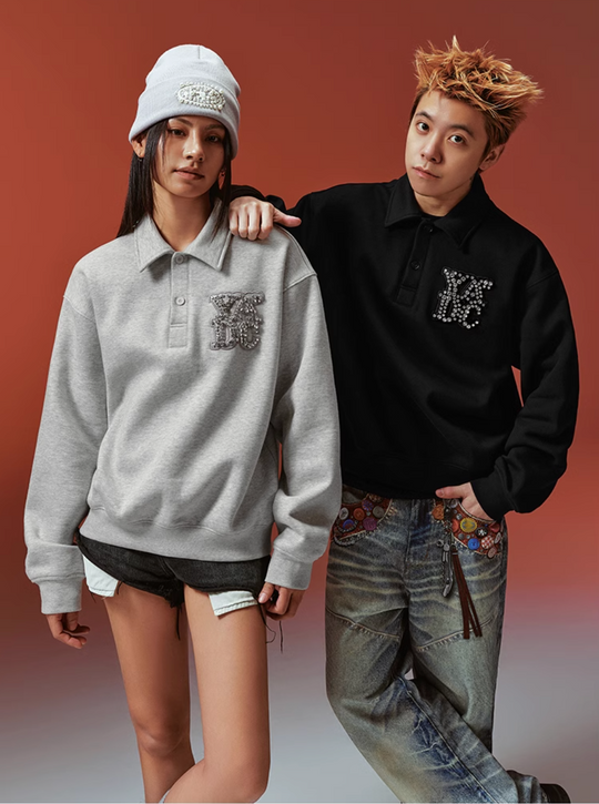 YADcrew Diamond-Studded Leather Logo Polo Sweatshirt | Face 3 Face