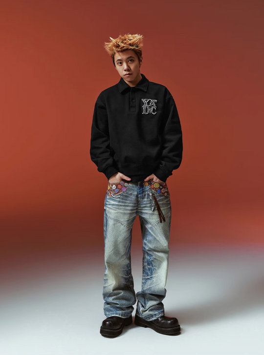 YADcrew Diamond-Studded Leather Logo Polo Sweatshirt | Face 3 Face