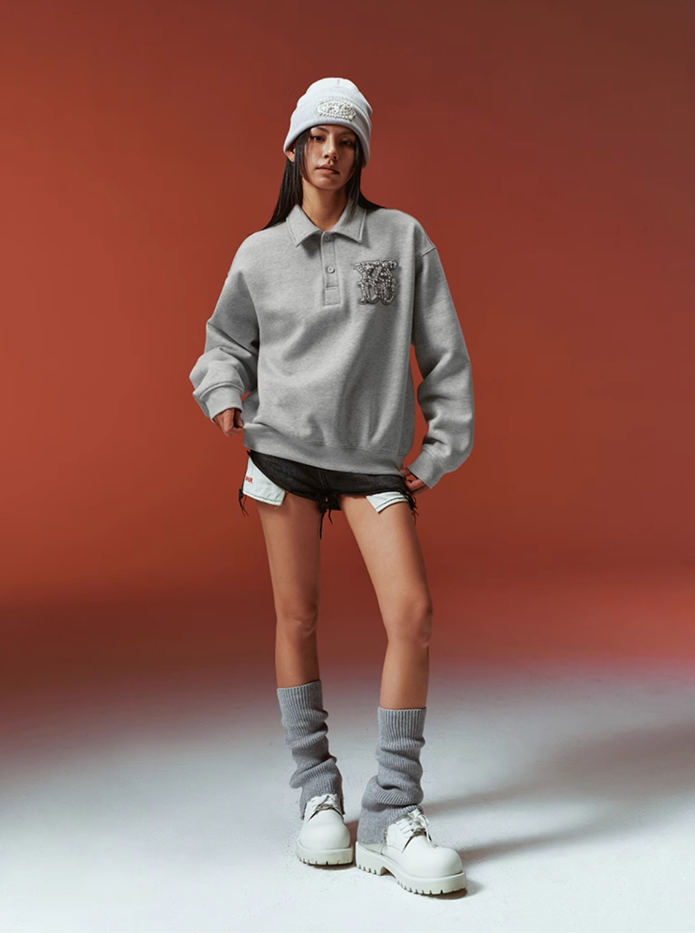 YADcrew Diamond-Studded Leather Logo Polo Sweatshirt | Face 3 Face