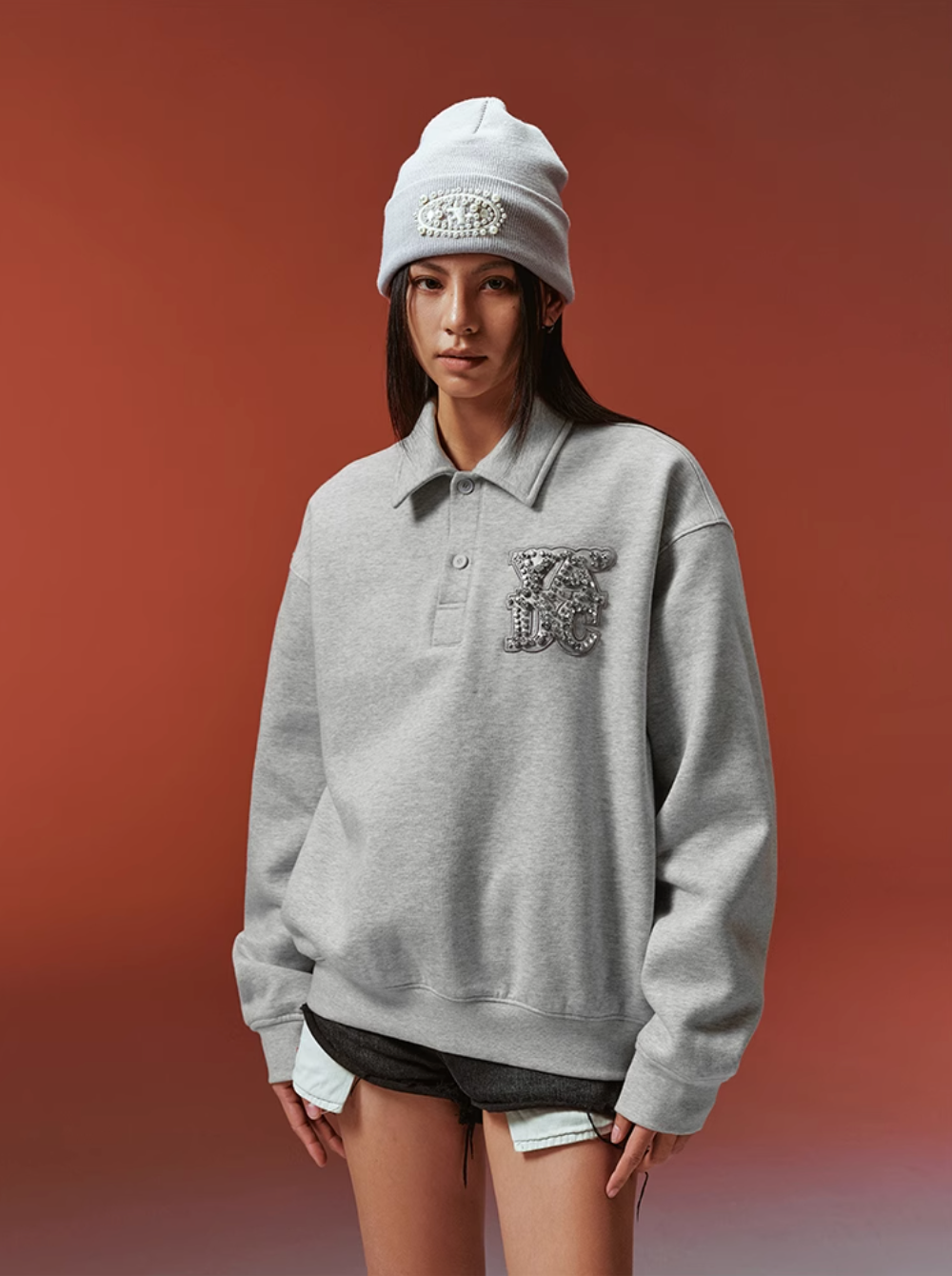 YADcrew Diamond-Studded Leather Logo Polo Sweatshirt | Face 3 Face