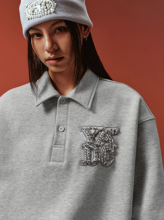 YADcrew Diamond-Studded Leather Logo Polo Sweatshirt | Face 3 Face