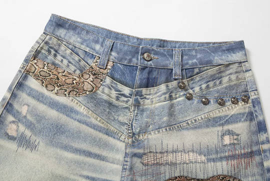 YADcrew Python Random Stitch Printed Rivet Baggy Jeans | Face 3 Face