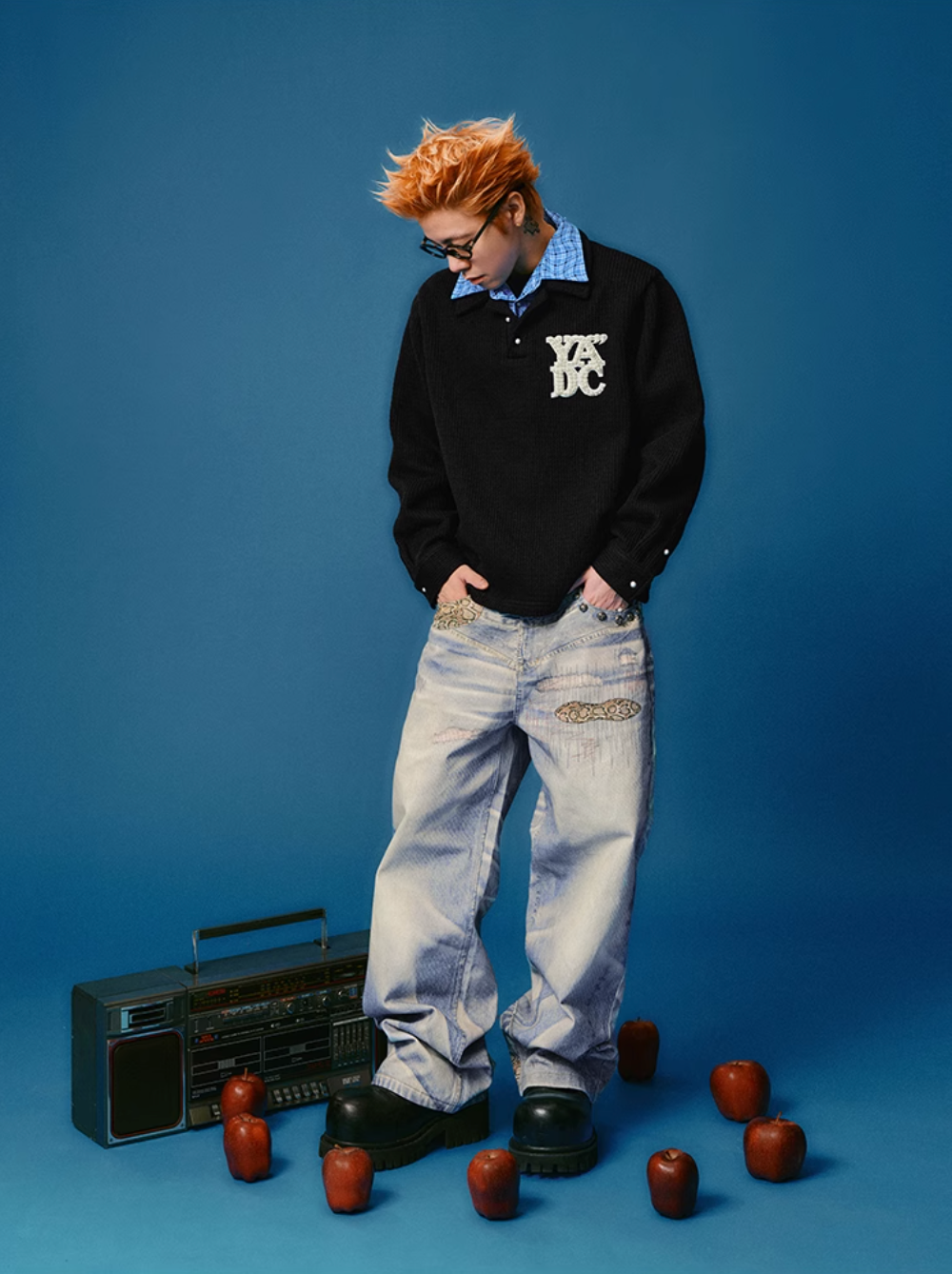 YADcrew Python Random Stitch Printed Rivet Baggy Jeans | Face 3 Face