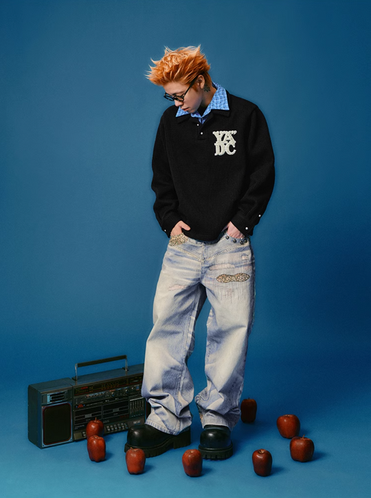 YADcrew Python Random Stitch Printed Rivet Baggy Jeans | Face 3 Face