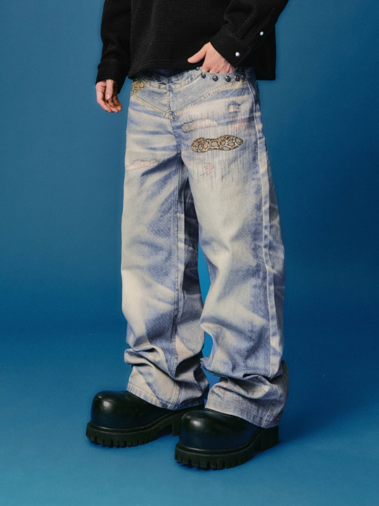 YADcrew Python Random Stitch Printed Rivet Baggy Jeans | Face 3 Face