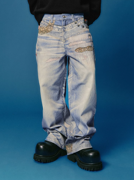 YADcrew Python Random Stitch Printed Rivet Baggy Jeans | Face 3 Face