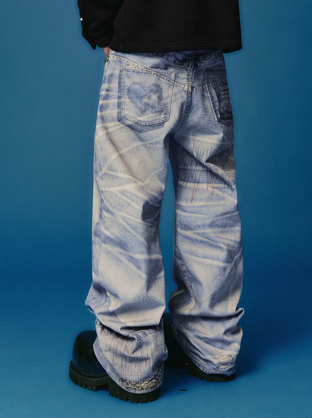 YADcrew Python Random Stitch Printed Rivet Baggy Jeans | Face 3 Face