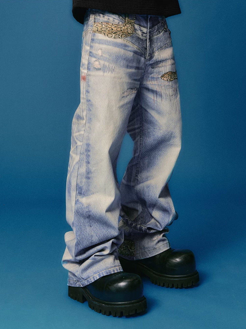 YADcrew Python Random Stitch Printed Rivet Baggy Jeans | Face 3 Face