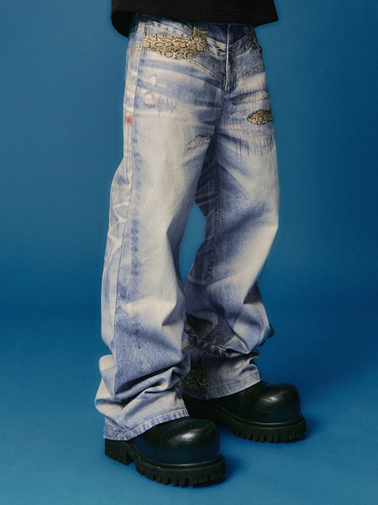 YADcrew Python Random Stitch Printed Rivet Baggy Jeans | Face 3 Face