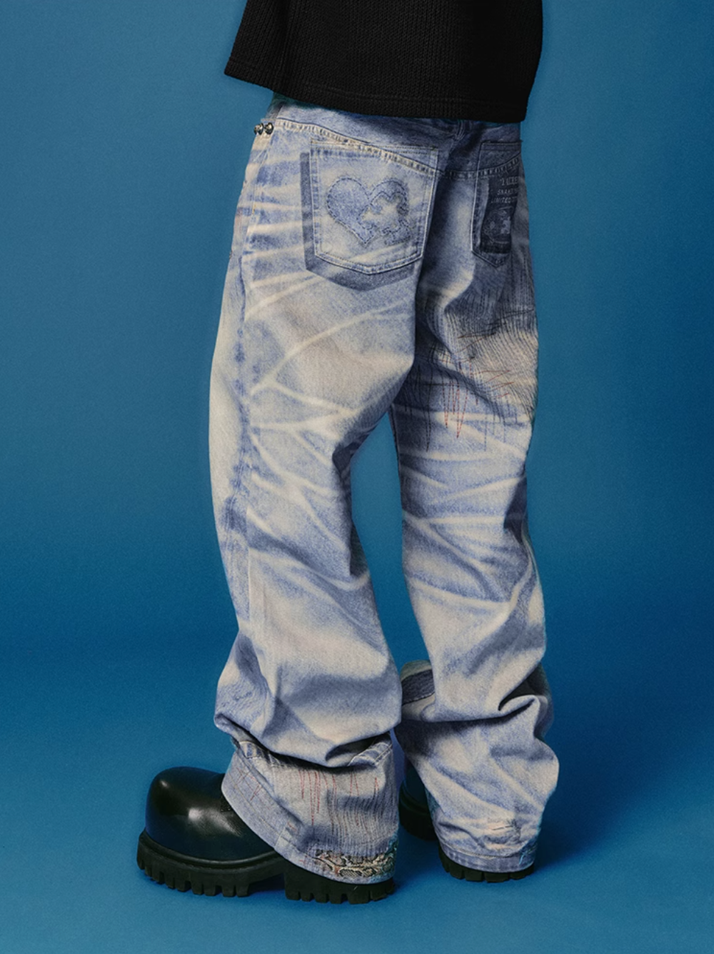 YADcrew Python Random Stitch Printed Rivet Baggy Jeans | Face 3 Face