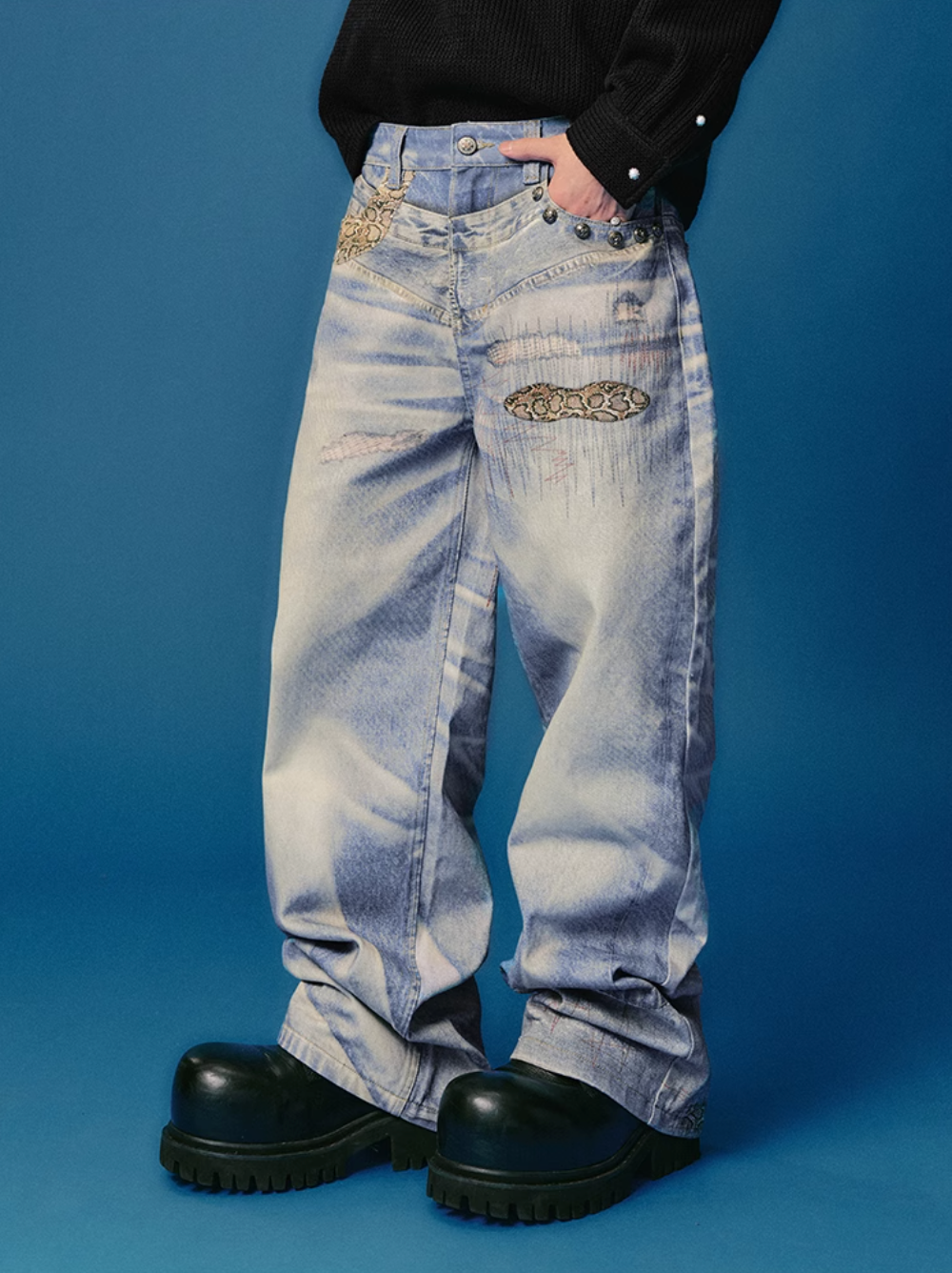 YADcrew Python Random Stitch Printed Rivet Baggy Jeans | Face 3 Face