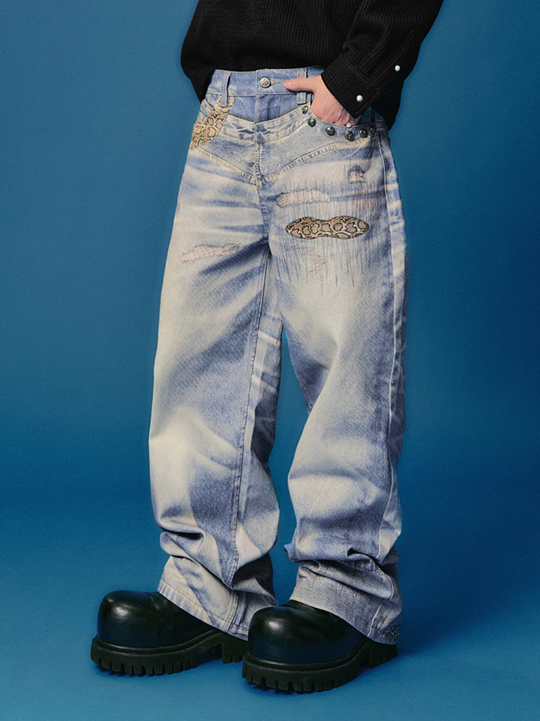 YADcrew Python Random Stitch Printed Rivet Baggy Jeans | Face 3 Face