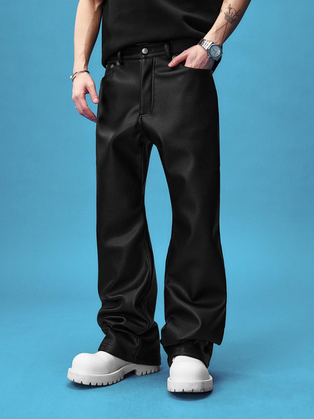 YADcrew Leather Rivet Flare Pants | Face 3 Face