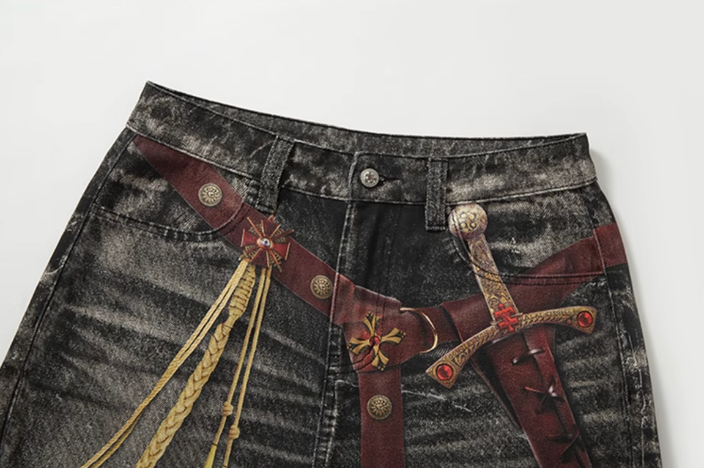 YADcrew Knight Sword Print Baggy Jeans | Face 3 Face