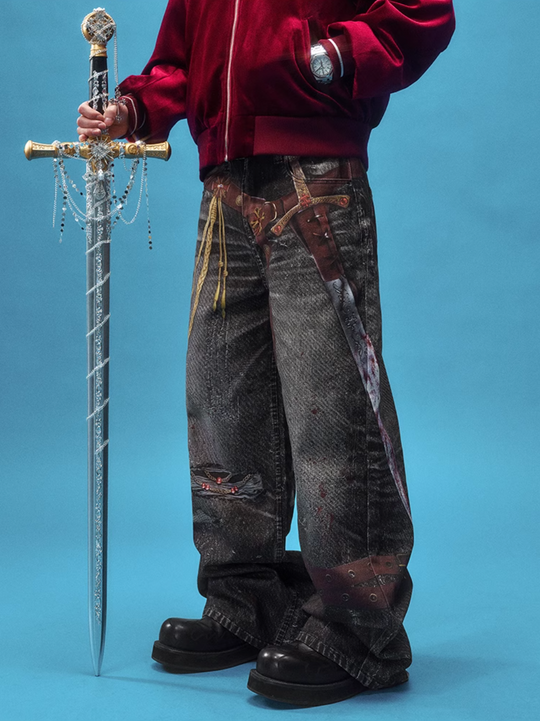 YADcrew Knight Sword Print Baggy Jeans | Face 3 Face