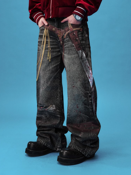YADcrew Knight Sword Print Baggy Jeans | Face 3 Face