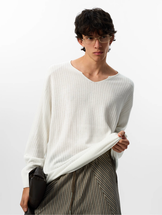 JHYQ Lightweight Striped V-neck Jacquard Knit Sweater | Face 3 Face
