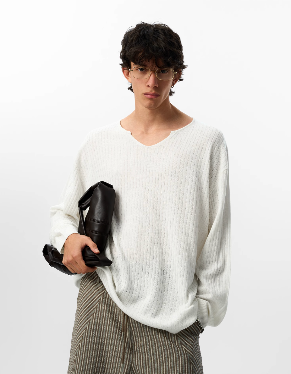 JHYQ Lightweight Striped V-neck Jacquard Knit Sweater | Face 3 Face