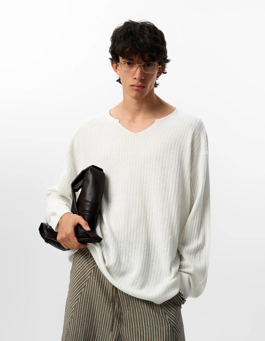 JHYQ Lightweight Striped V-neck Jacquard Knit Sweater | Face 3 Face
