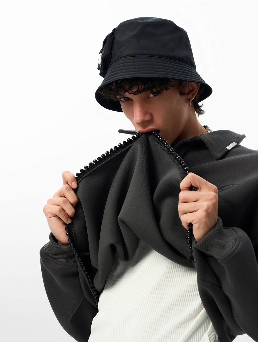 JHYQ Beaded Hem Polo-Collared Cropped Sweatshirt | Face 3 Face