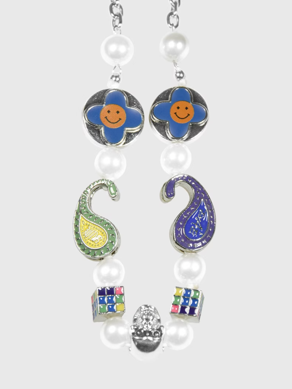 AWE Cross Petal Skull Smiley Face Pearl Necklace | Face 3 Face