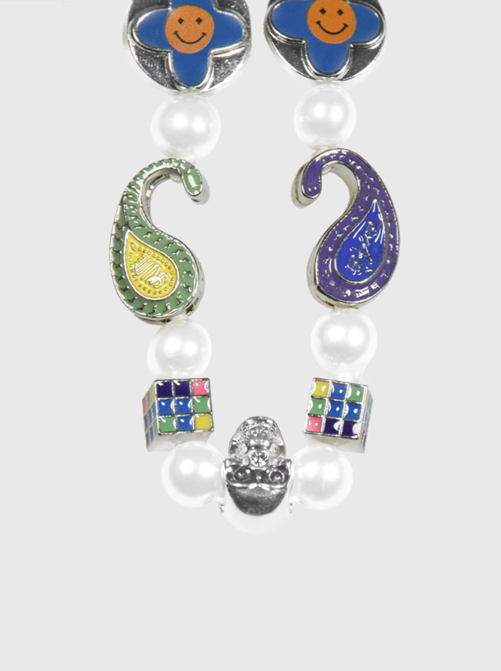 AWE Cross Petal Skull Smiley Face Pearl Necklace | Face 3 Face