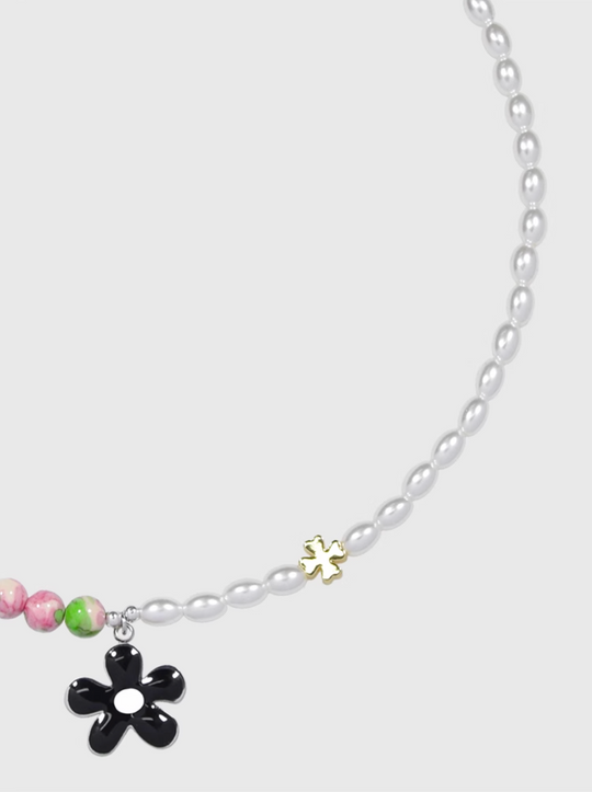 AWE Black Sunflower Pendant Stone Pearl Chain Necklace | Face 3 Face