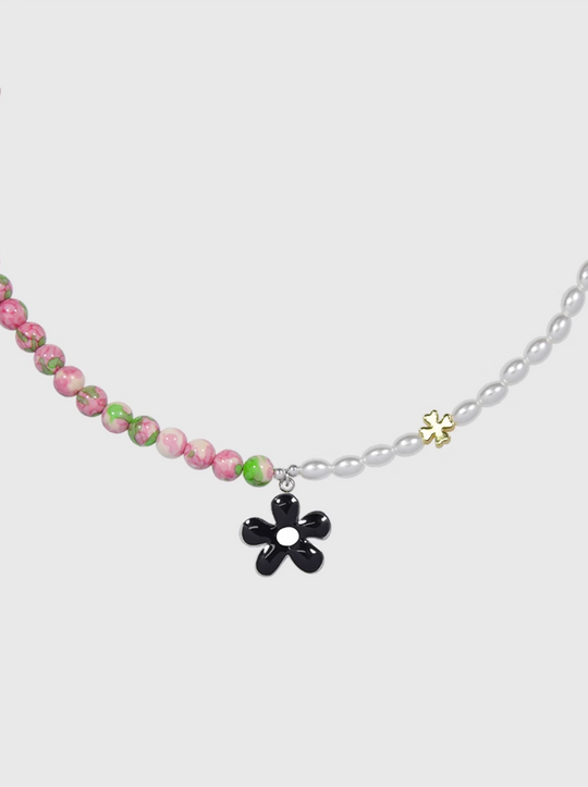 AWE Black Sunflower Pendant Stone Pearl Chain Necklace | Face 3 Face