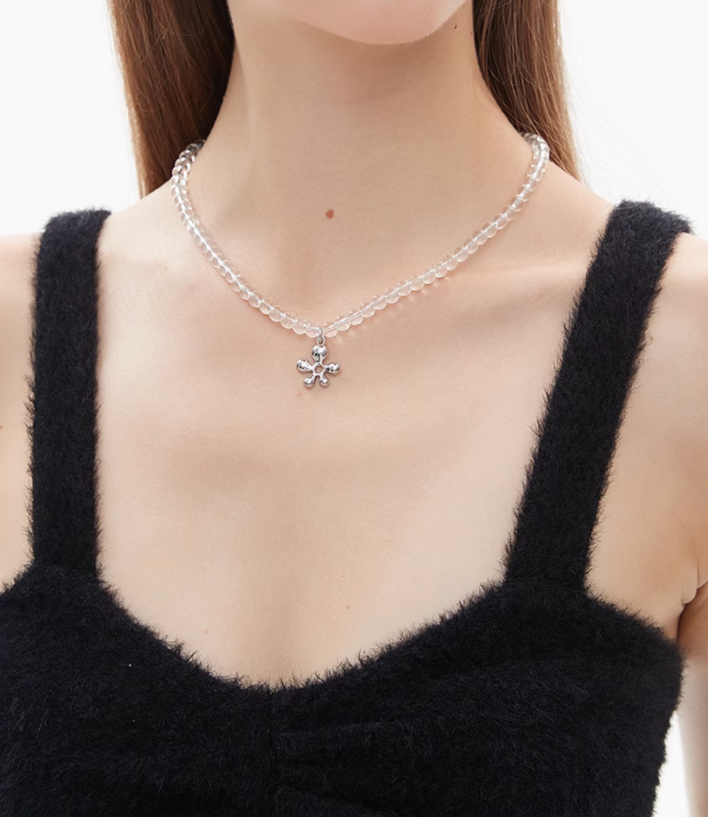 AWE Silver Irregular Flower Crystal Beaded Necklace | Face 3 Face