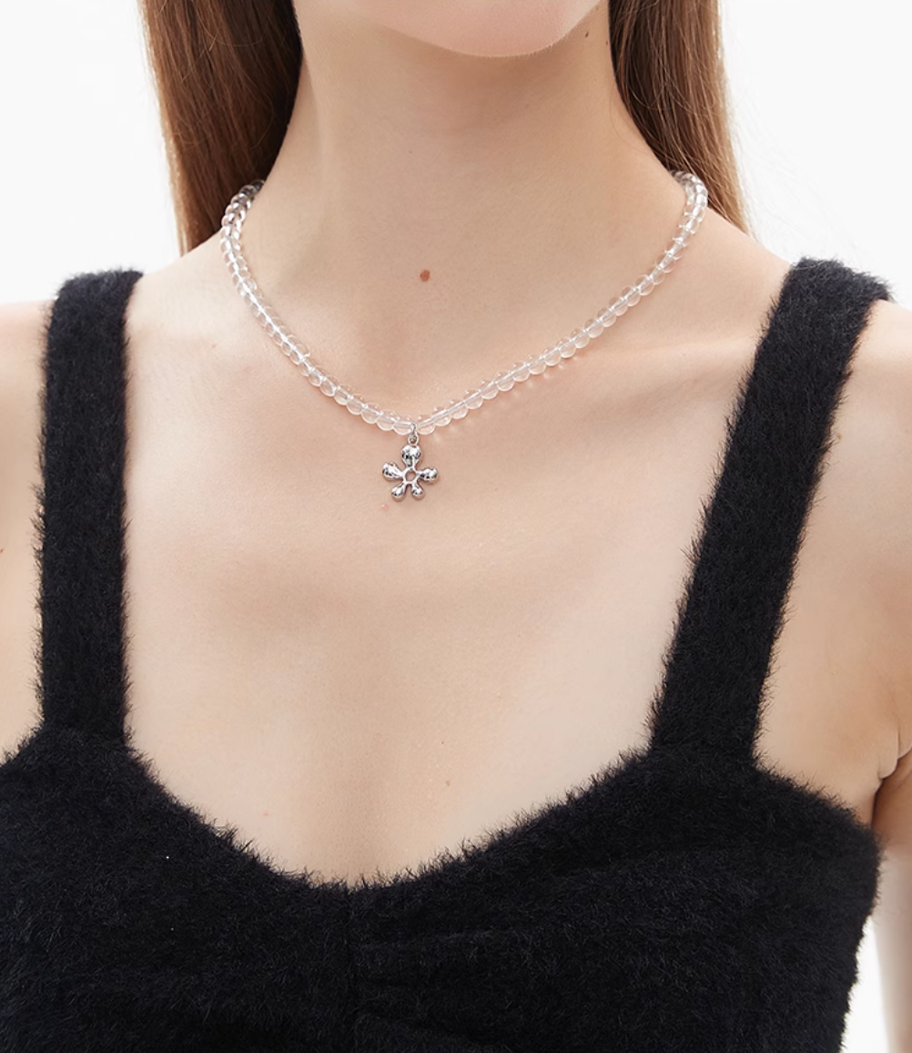 AWE Silver Irregular Flower Crystal Beaded Necklace | Face 3 Face