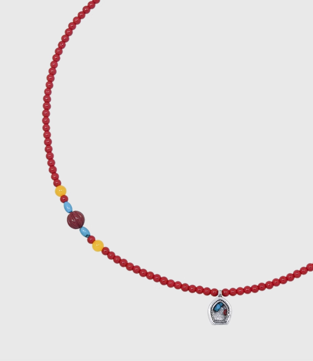 AWE Copper Box Pendant Red Beaded Necklace | Face 3 Face
