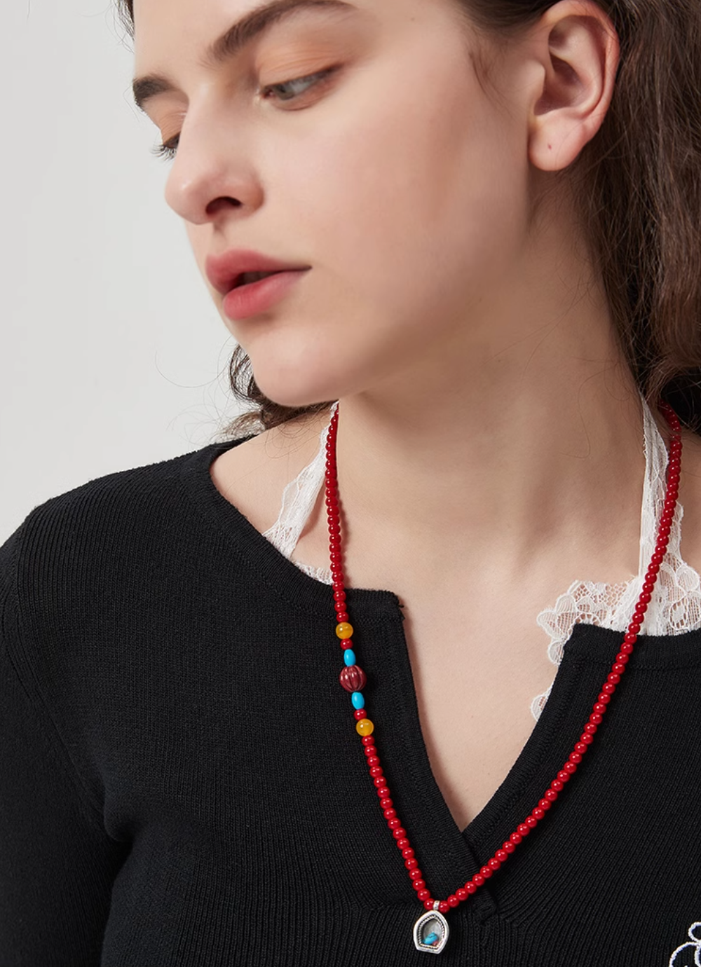 AWE Copper Box Pendant Red Beaded Necklace | Face 3 Face