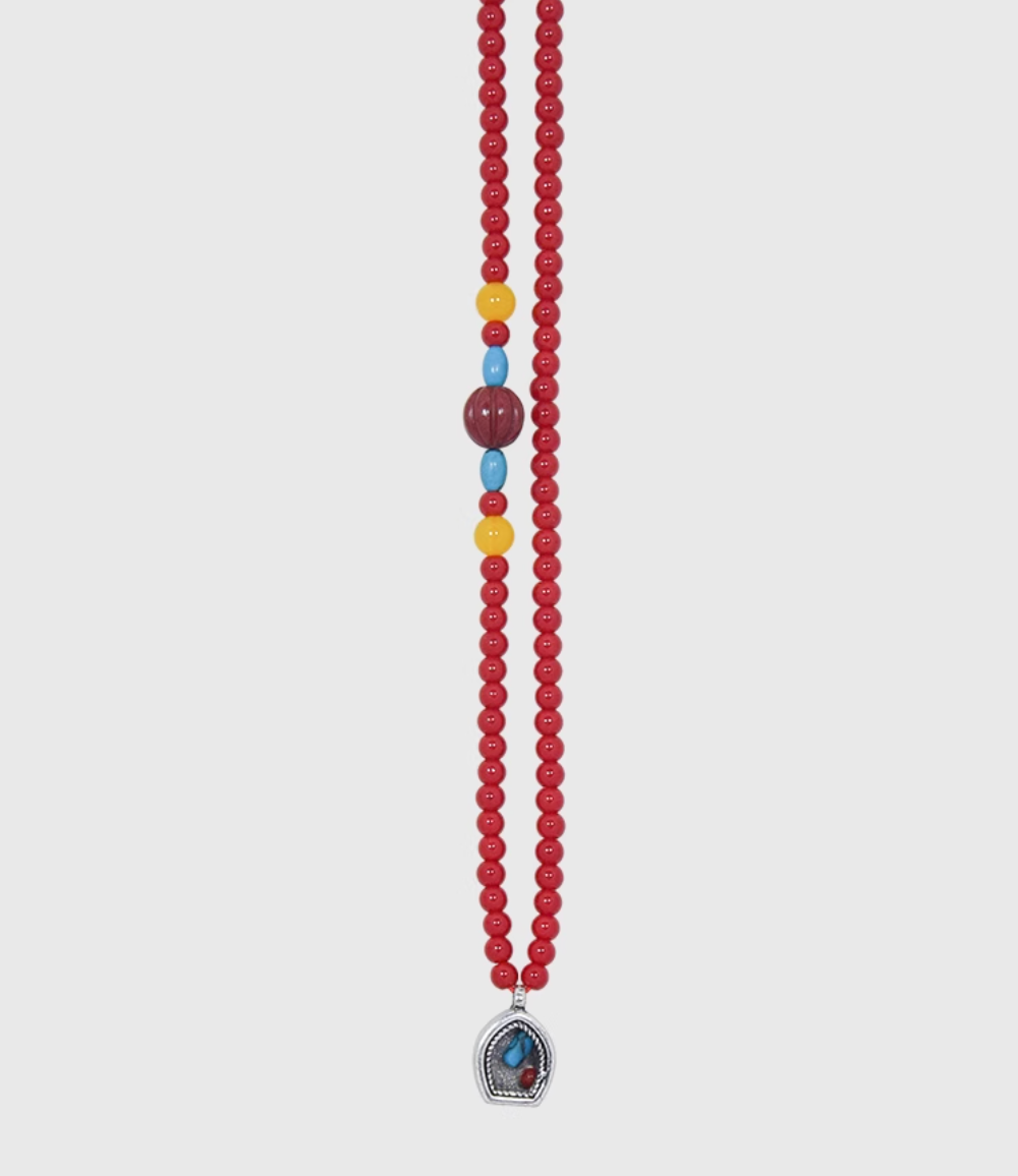 AWE Copper Box Pendant Red Beaded Necklace | Face 3 Face