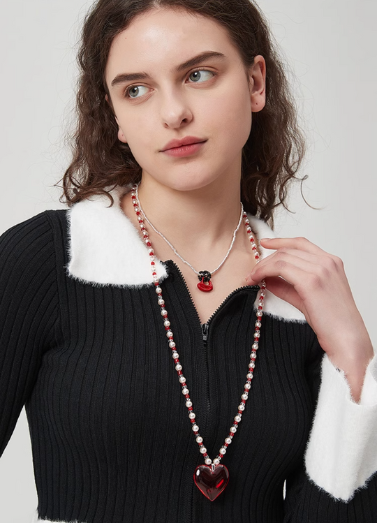 AWE Red Heart Pearl Necklace | Face 3 Face