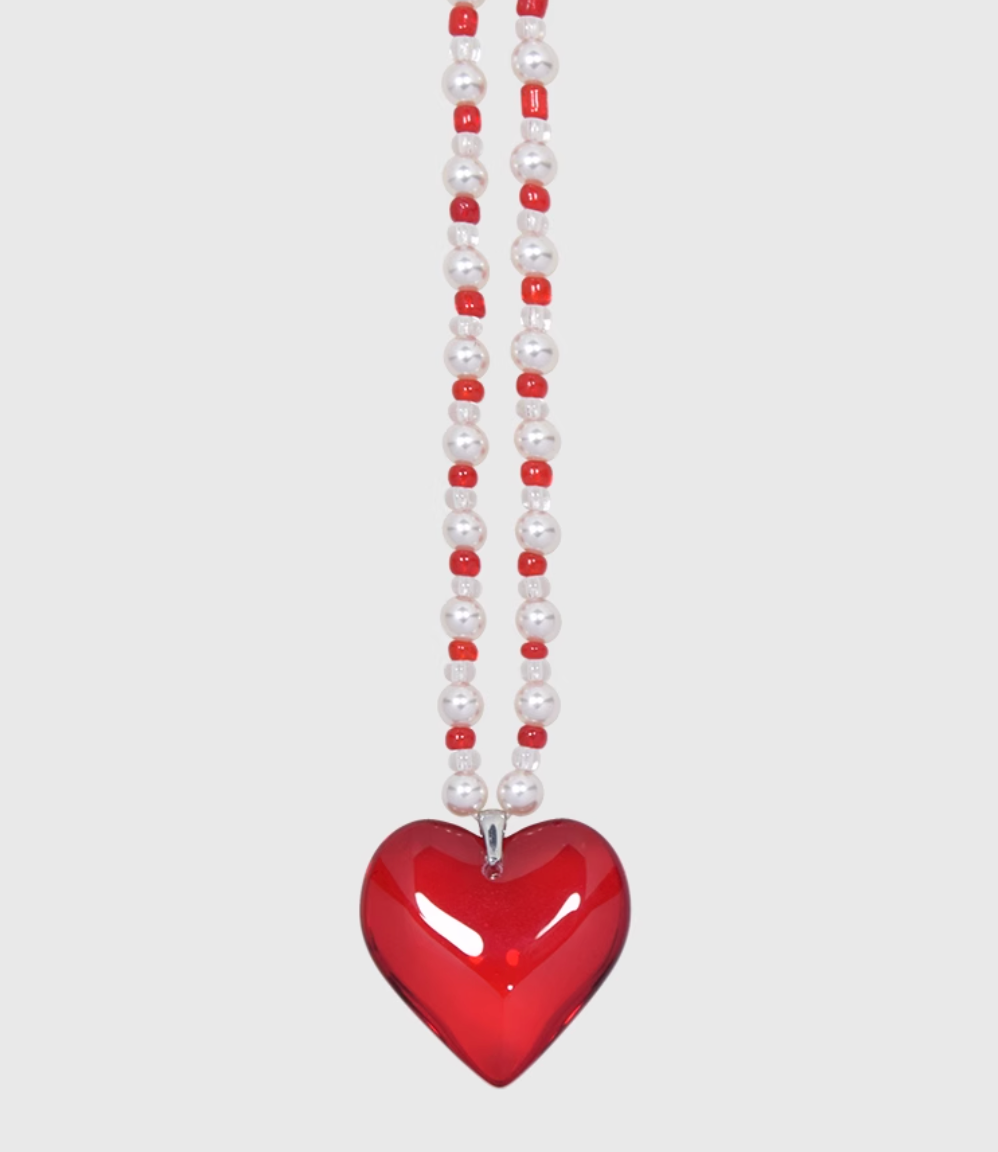 AWE Red Heart Pearl Necklace | Face 3 Face
