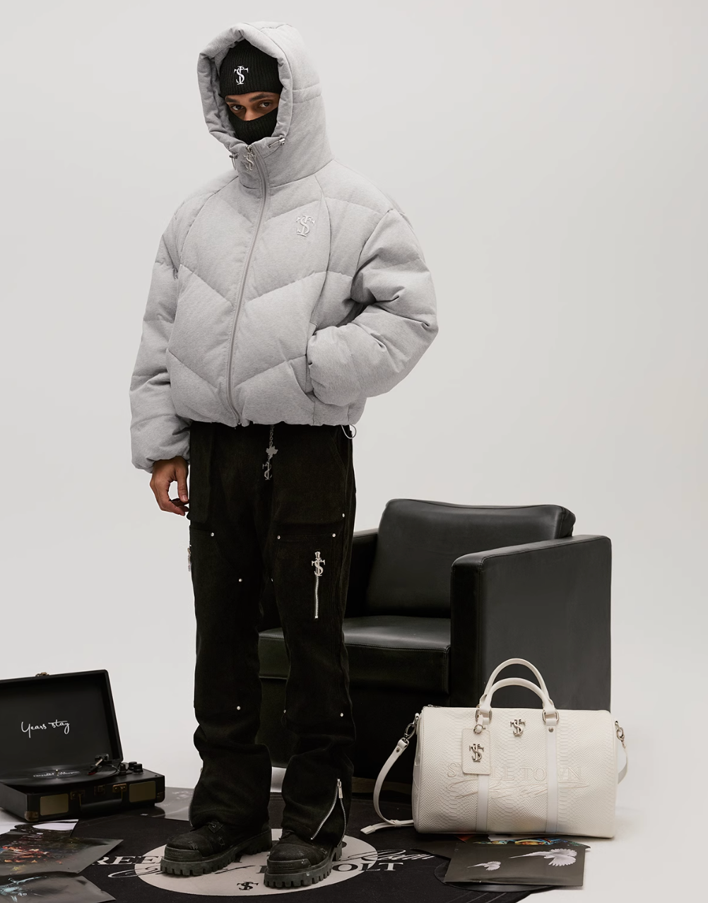 Small Town Kid Floral Gray Deconstructed Hooded Down Jacket | Face 3 Face