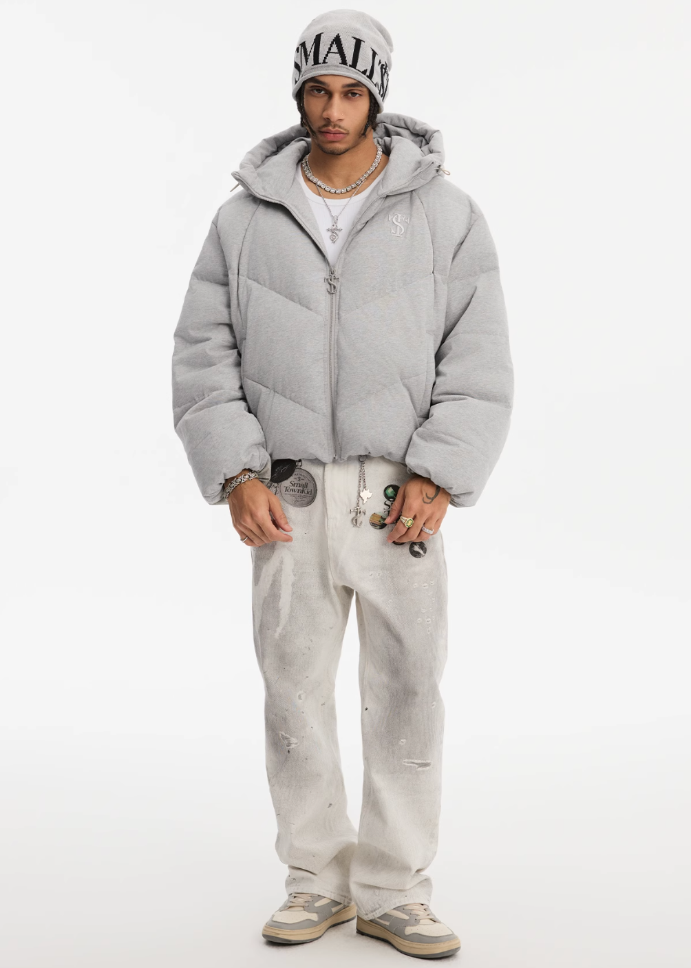 Small Town Kid Floral Gray Deconstructed Hooded Down Jacket | Face 3 Face