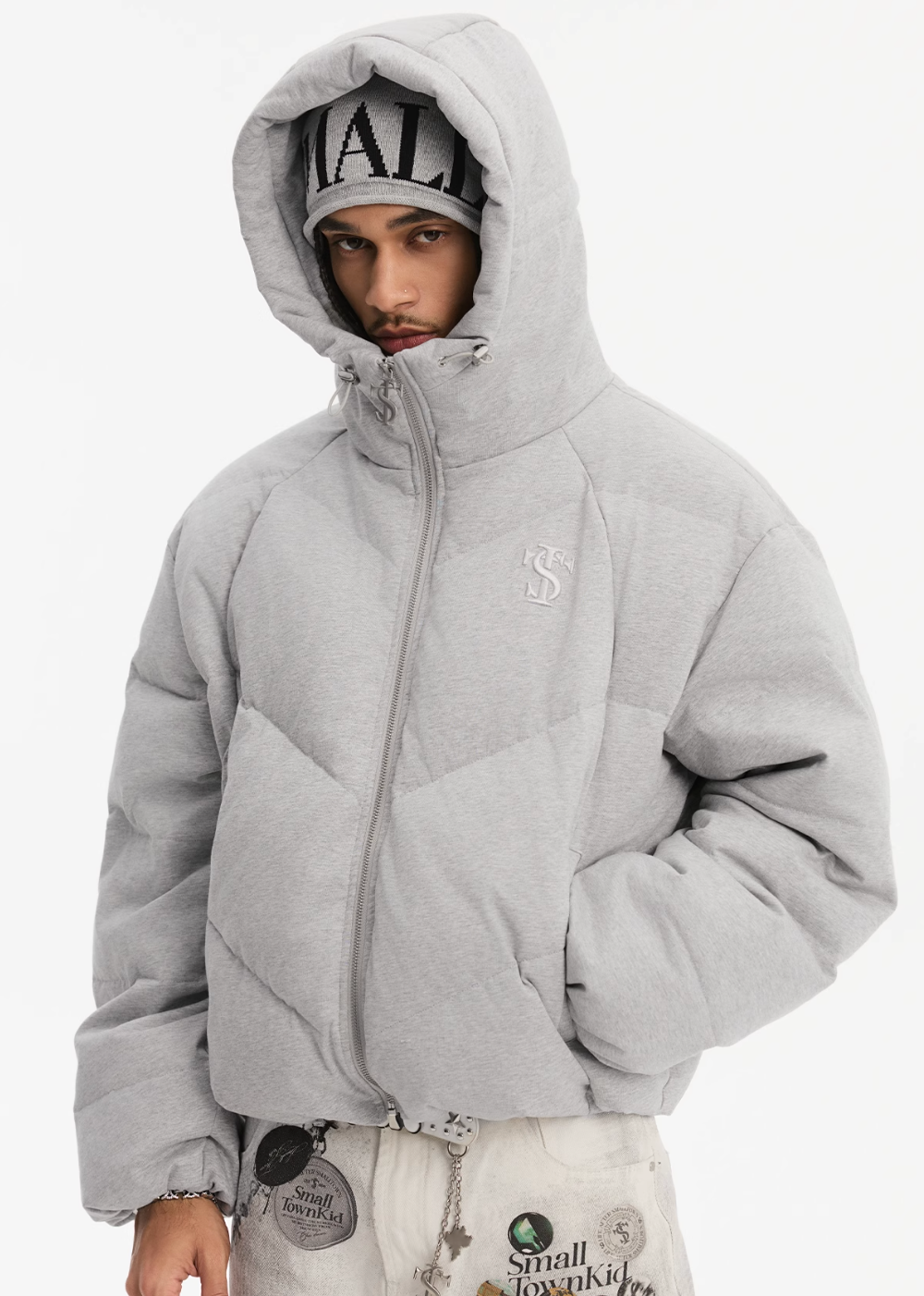 Small Town Kid Floral Gray Deconstructed Hooded Down Jacket | Face 3 Face