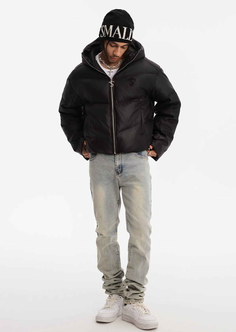 Small Town Kid Metallic Shiny Hooded Down Jacket | Face 3 Face