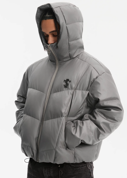 Small Town Kid Metallic Shiny Hooded Down Jacket | Face 3 Face