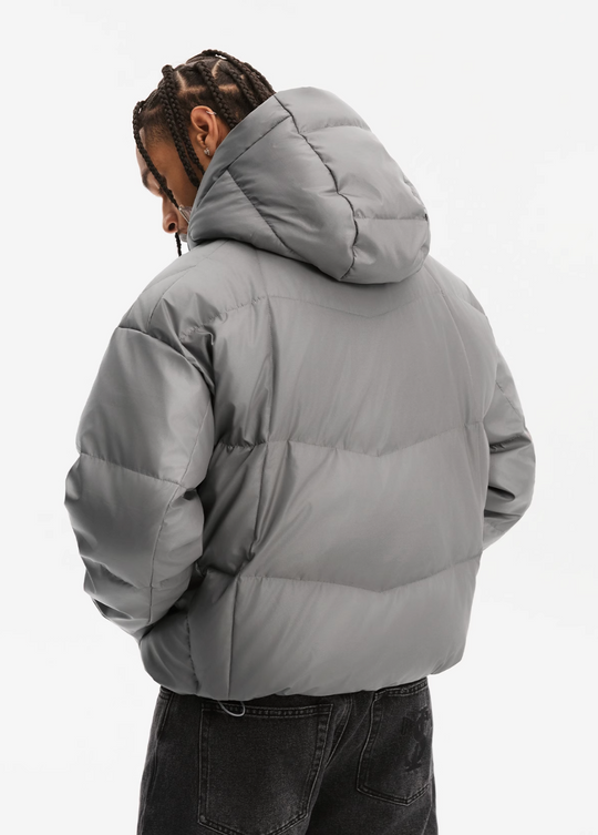 Small Town Kid Metallic Shiny Hooded Down Jacket | Face 3 Face