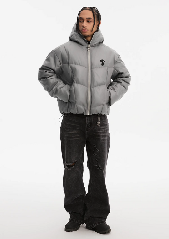 Small Town Kid Metallic Shiny Hooded Down Jacket | Face 3 Face